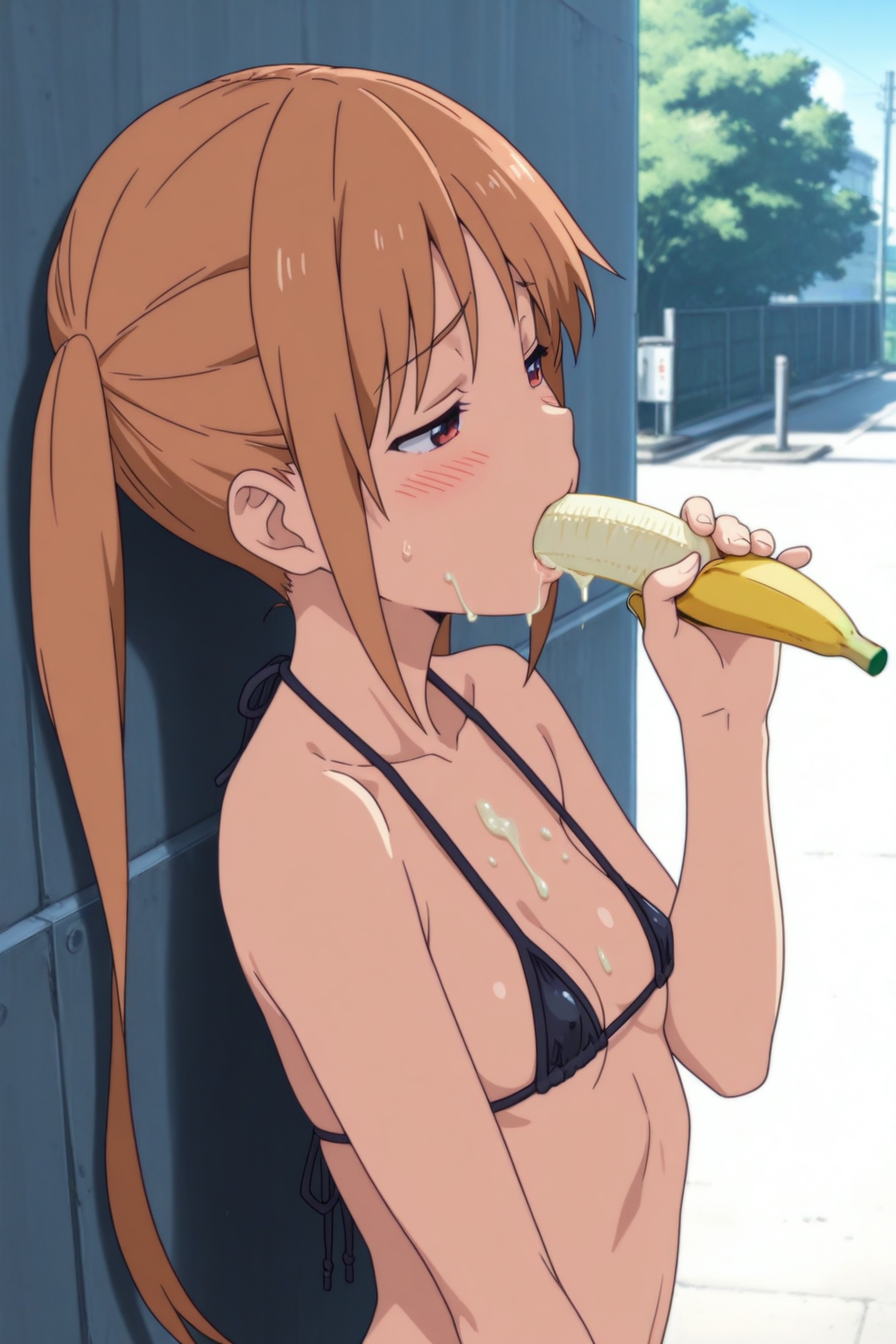 <lora:Yoshiko_Hanabatake:1>, YoshikoDS, masterpiece, best quality, 1girl, micro bikini, outdoors, sexually suggestive, eating banana