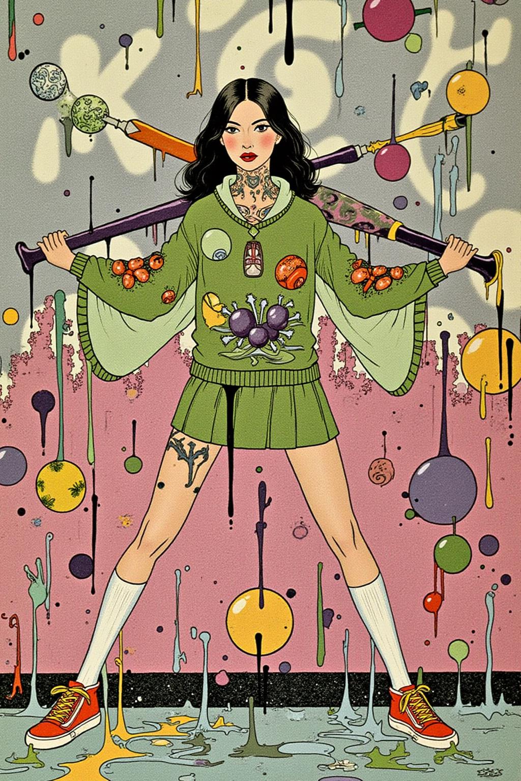 sterrett1 illustration. 
ull body, liquid splash, cartoonish juicy fruits chaos, dynamic pose, dynamic camera, a fashion shoot, an illustration of a young woman threateningly holding a baseball bat in her hands, full body tattoo, wearing green short sweater, miniskirt, knee socks, orange sneakers, aggressive facial expression, wall with graffiti in the background,  <lora:sterrett1_cap_d6a3e8:1.0><lora:837022167733621473:0>