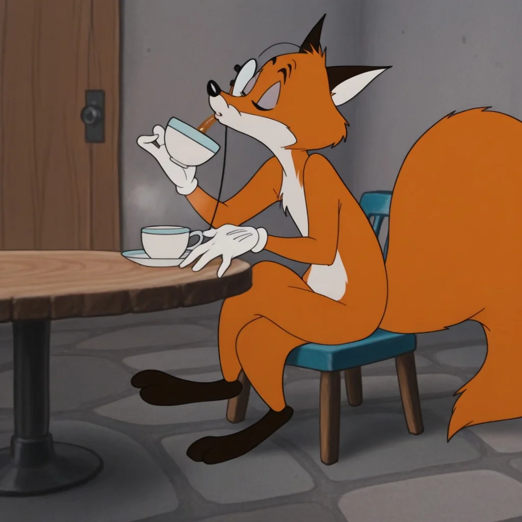 masterpiece, best quality, amazing quality, r3gin41d, male, furry male, anthro, solo, fox, orange fur, white fur, two-tone fur, purple eyelids, eyelashes, black eyes, black nose, bushy tail, white gloves, black monocle, sitting down, at table, crossed legs, closed eyes, drinking tea, indoors, living room