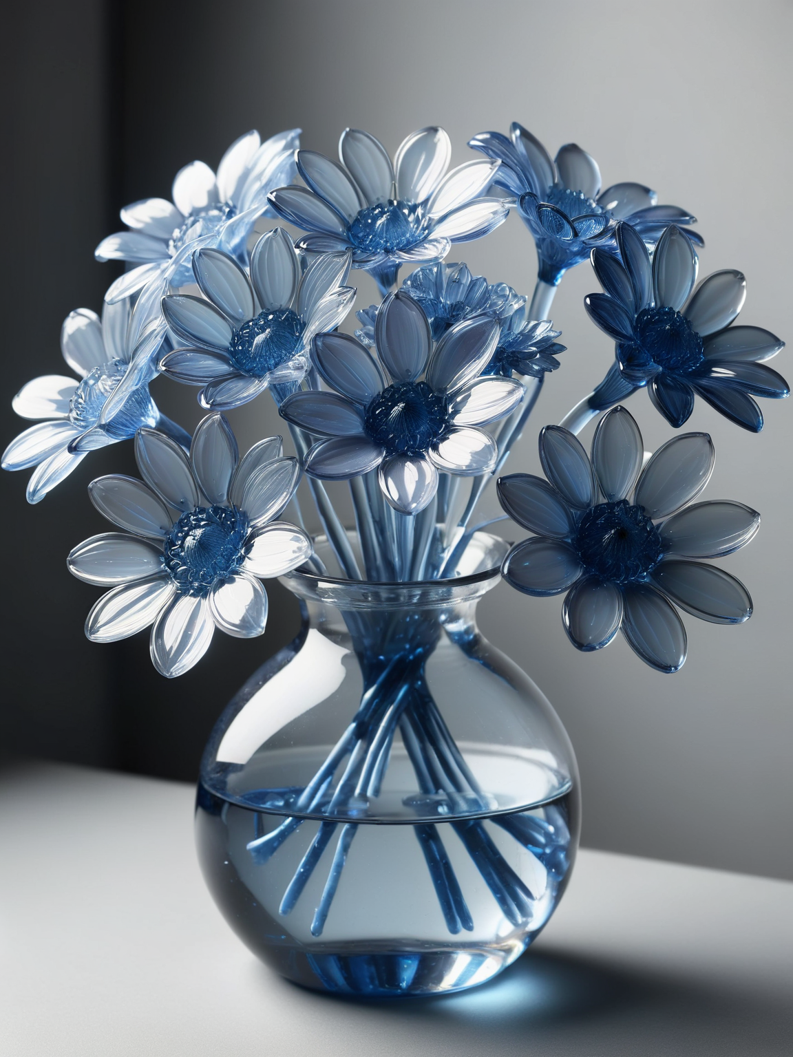 A delicate intricate bouquet of flowers, each petal cast in a different shade of ral-blueresin, in contrast to the grayscale flowers in the background, HDR, masterpiece  <lora:ral-blueresin-sdxl:1>, <lora:EnvyBetterHiresFixXL01:0:hr=1>