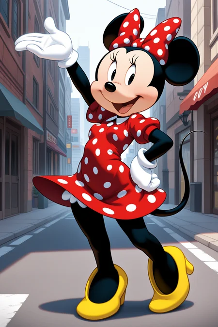 masterpiece, best quality, amazing quality, absurdres, minniemouse, mouse ears, mouse tail, black skin, white gloves, red dress, red bow, white gloves, polka dot dress, polka dot bow, yellow stiletto heels, solo, smile, open mouth, hand on hip, arm up, looking at viewer, small breasts, outdoors, street, city