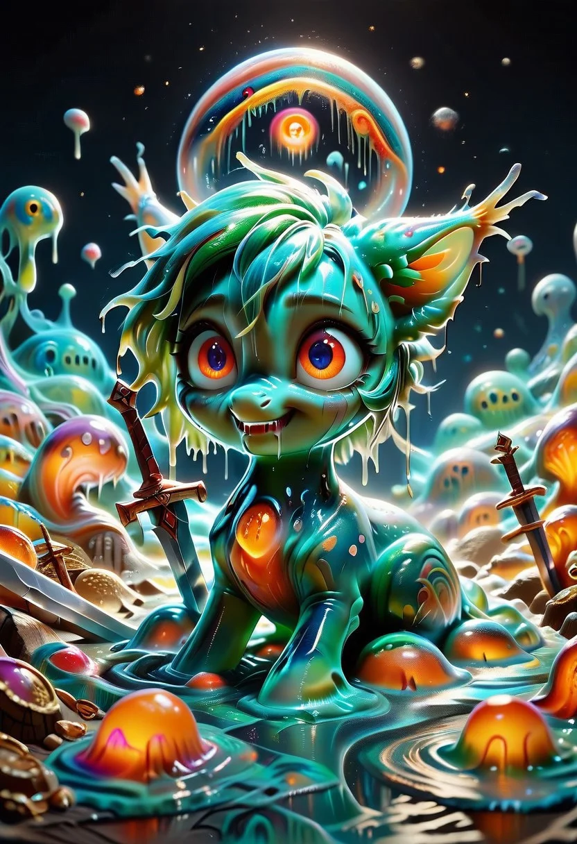 score_9, score_8_up, score_7_up, sl1m3d, slime-morph, a cute chibi pony made out of slime with huge eyes, crazy eyes, sword, surreal, animal focus, fantasy, colorful, cute, funny