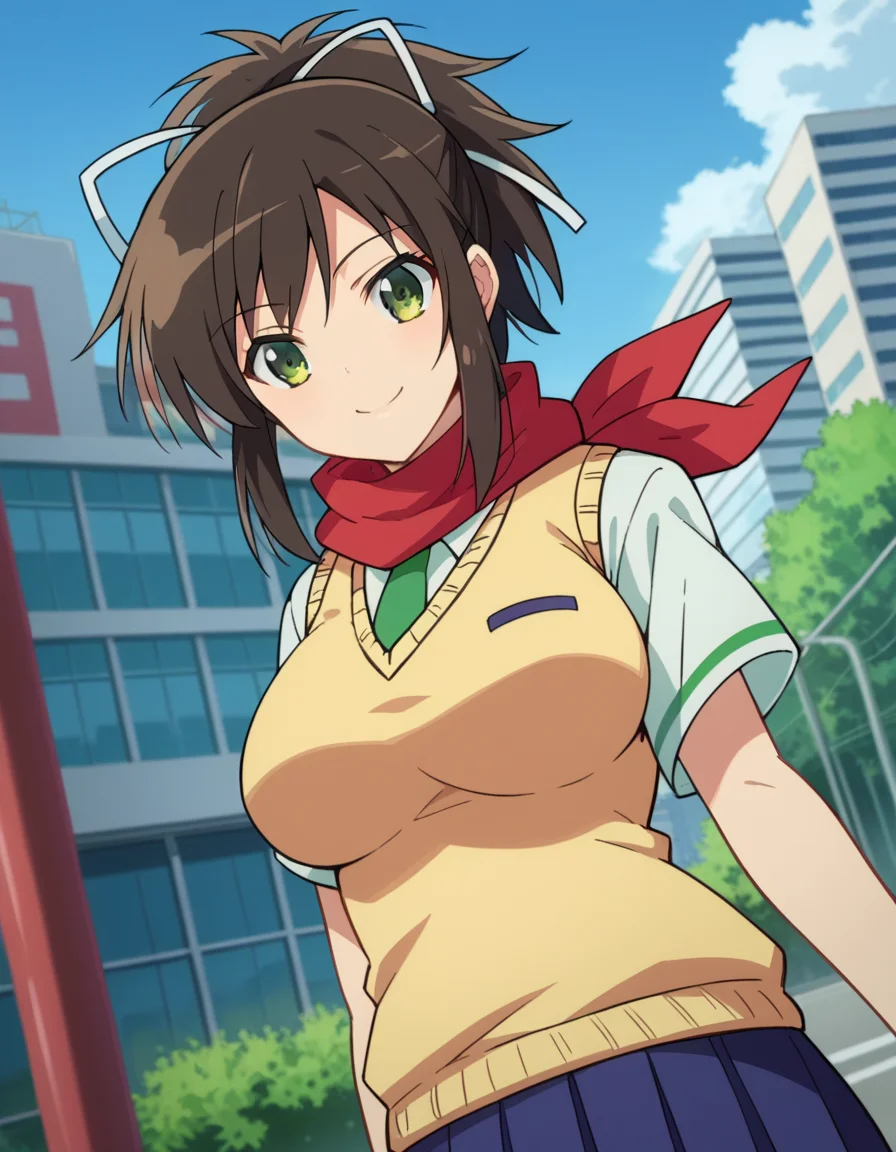 score_9, score_8_up, score_7_up, source_anime,
skasuka, <lora:sk-asuka-ponyxl-lora-nochekaiser:1>
asuka, brown hair, green eyes, ribbon, hair ribbon, ponytail, smile, large breasts,
skirt, school uniform, necktie, scarf, short sleeves, sweater, sweater vest,
outdoors, cityscape,
looking at viewer, dutch angle, cowboy shot