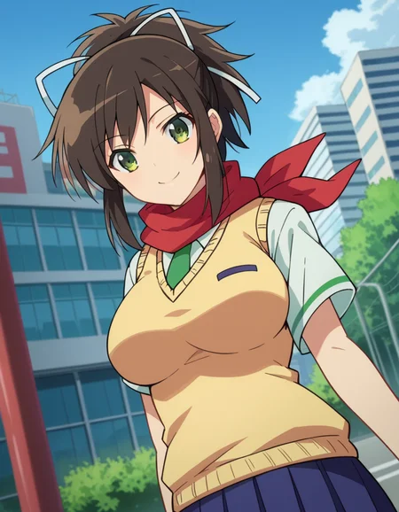 score_9, score_8_up, score_7_up, source_anime,
skasuka, <lora:sk-asuka-ponyxl-lora-nochekaiser:1>
asuka, brown hair, green eyes, ribbon, hair ribbon, ponytail, smile, large breasts,
skirt, school uniform, necktie, scarf, short sleeves, sweater, sweater vest,
outdoors, cityscape,
looking at viewer, dutch angle, cowboy shot