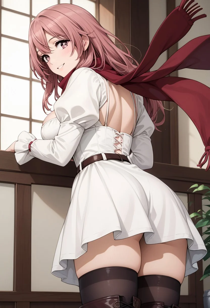 score_9, score_8_up, score_7_up, score_6_up, source_anime,
detailed eyes, eye reflection,
shinju inui, long hair, pink hair, pink eyes, large breasts,
white dress, red scarf, cleavage, juliet sleeves, long sleeves, red underbust, belt, black thighhighs, boots,
1girl, blush, smile,
looking back at viewer,