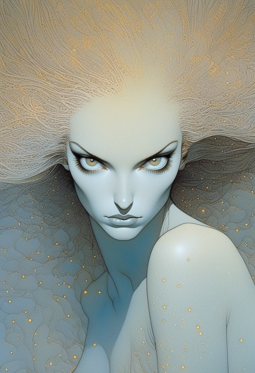 artwork  by Moebius (Jean Giraud) Style page, Artwork painting watercolor and pen, there is a woman with long hair, naoto hattori, mark brooks and brad kunkle, style of aesthetic, comic book artwork portrait of a young woman 20yo, she has a striking light gray eyes, long eyelashes and well-defined eyebrows, catchlights, portrait masterpiece, perfect beautiful face , (light freckles:0.3) , sparkling eyes, sad expression, intimate and engaging portrait with a sense of mystery, ethereal abstractions, background is minimalist, duo-toned color graded, finely detailed, beautiful cleavage, simmetry, high budget, sharp focus, intricate fractal details, analog drawing , <lora:MoebiousXL:1>,  <lora:OverallDetailXL:1> OverallDetailXL,  <lora:sdxl:1>