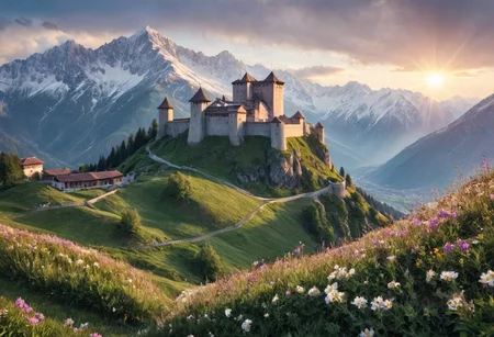 alpine landscape, gloomy old fortress on the slopes of the mountains, flowers and sun, snow-capped mountain peaks in the background, pastoral, detailed drawing, liner, backlight, delicate colors.
