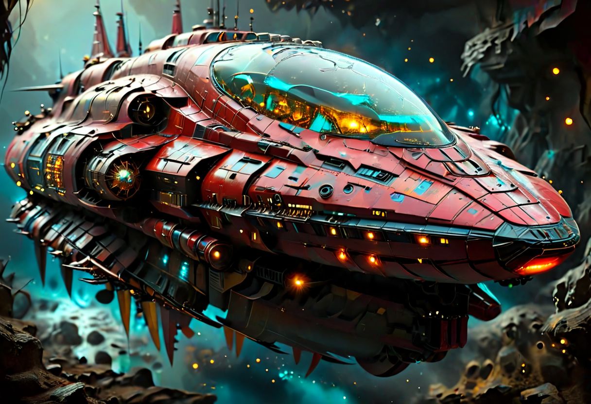 In outer space, a long shot of a Spaceship, by Moebius and H. R. Giger and Stefan Martiniere and Tomer Hanuka, (A giant bioluminescent futuristic spaceship, hyper detailed, award winning on artstation.com,(intricate details, masterpiece, best quality:1.4), wide angle view, dense fog, Different shades of red and gold and yellow, embellished with turquoise decoration, fractal art, in the style of nicola samori, Intense gaze, Bright... ,Model, expression, anthro, facial expression, Intense gaze, Anthro... woman, Genetically modified..., bioluminescent, glowing, spcrft