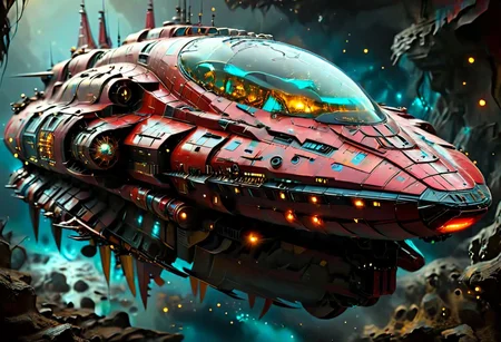 In outer space, a long shot of a Spaceship, by Moebius and H. R. Giger and Stefan Martiniere and Tomer Hanuka, (A giant bioluminescent futuristic spaceship, hyper detailed, award winning on artstation.com,(intricate details, masterpiece, best quality:1.4), wide angle view, dense fog, Different shades of red and gold and yellow, embellished with turquoise decoration, fractal art, in the style of nicola samori, Intense gaze, Bright... ,Model, expression, anthro, facial expression, Intense gaze, Anthro... woman, Genetically modified..., bioluminescent, glowing, spcrft