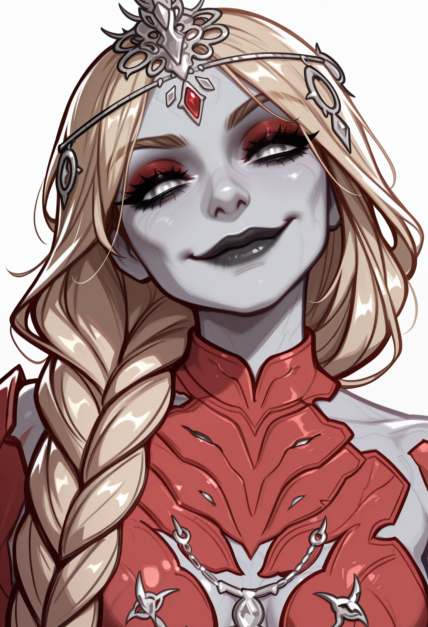 1girl, solo, white background, looking at viewer, smile, portrait, evil smile, head tilt, 
blonde hair, hair ornament, long hair, eyeshadow, forehead jewel, black lips, colored skin, single braid, white eyes, 
headpiece, circlet, red armor, detached sleeves, revealing clothes, clothing cutout, 
masterpiece, best quality, <lora:orin_the_red-guy90-Illust-LoraV104:1>, deriro, <lora:Blushyspicy-guy90-IllustriousV101:1>, yciblu