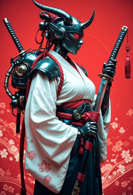 SmoothNoob_Quality, realistic, realistic textures, science fiction, 1girl, solo, red eyes, horns, japanese clothes, from side, glowing, holding sword, katana, robot, sheath, red background, hakama, mecha, , sheathed, scabbard, unsheathing, humanoid robot, samurai, limited palette,āāā abstract background