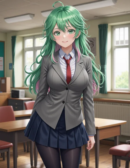 This image is an <lora:real-lora:1.5> (ultrarealistic:1.7) full-body photo of <lora:Toru_Hagakure:.9>, toruhagakure wearing a school uniform with a gray jacket, dark blue skirt, dark blue tights and a red necktie . She has large breasts and wide hips and a narrow waist. She has light skin and long, vibrant green hair with pink pastel highlights that cascades down her shoulders. She is smiling. She has large, expressive green eyes that are wide and focused on the viewer.  She is standing in a classroom