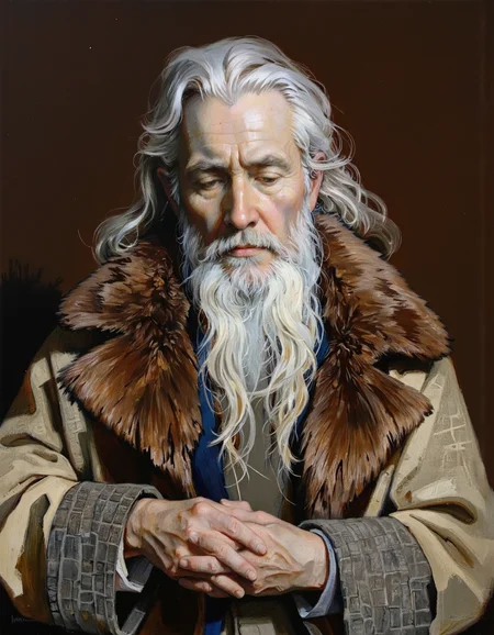 By Donna Young. This is an oil painting portrait of an elderly man with a long, flowing white beard and long, wavy, white hair. The man has a weathered, wrinkled face with a deeply furrowed brow, suggesting a contemplative or pensive demeanor. His eyes are closed, and his expression is solemn. The man's skin is pale with a slightly yellowish undertone, indicating age and exposure to the elements.
He is dressed in a thick, brown fur collar that drapes over his shoulders, with the fur appearing soft and luxurious. The rest of his garment is a textured, beige-colored coat that has a subtle sheen, adding to the rich texture of the image. The background is a solid, dark brown, which contrasts sharply with the man's light skin and clothing, making him the focal point of the image.
The lighting is soft and directional, casting gentle shadows that accentuate the man's features and the texture of his beard and hair. The overall mood of the photograph is somber and introspective, emphasizing the man's age and wisdom through the careful use of light and composition. The image is reminiscent of a classical portrait, capturing the essence of the subject in a timeless, contemplative moment.