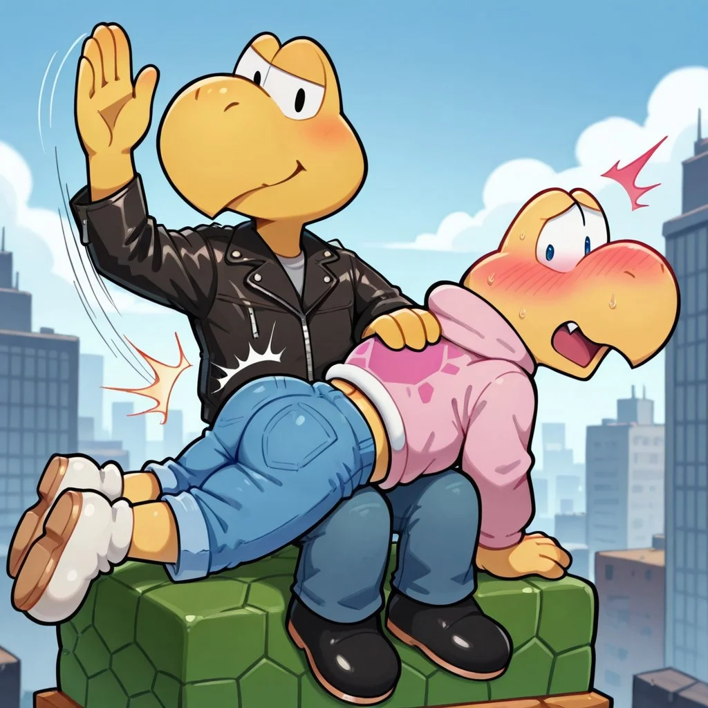 score_9,score_8_up,score_7_up,masterpiece, city, dirty city, cloudy sky, 2boys, duo, BREAK koopa troopa, leather jacket, black shoes, jeans, shortstack, top, dominant, sitting on boxes, raised hand, smirk, sitting on person, BREAK koopa troopa, pink jacket, blue shorts, white shoes, shortstack, no shell, wedgie, mouth open, surprised, blushing, embarrassed, nervous, over the knee spanking, otkspanking, shorts down, spank marks, sweaty, musky, steam, motion lines, impact lines