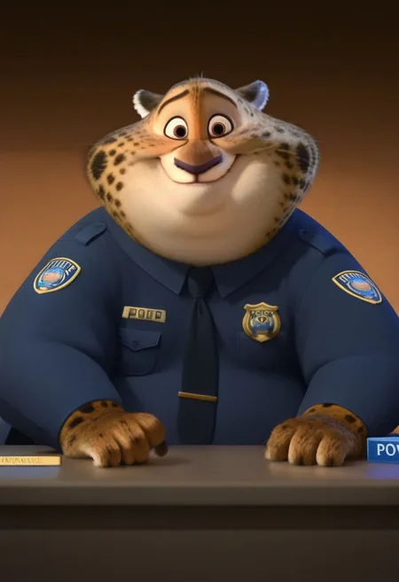 clawhauser, cheetah, 3D, cgi, cheetah spots, fat, obese, male, movie accurate, best quality, asburd res, 4K, bluray, screencap, screenshot, official, perfect, newest, zootopia, looking at viewer, smile, cute, sitting, desk, office, cop uniform,