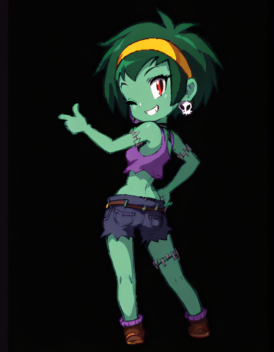 <lora:RottyTopsPony:1.0>RottyTops, solo, zombie, red eyes, skull earrings, one eye closed, shorts, looking back, stitches, yellow hairband, green skin, green hair, short hair, 1girl, midriff, smile, from behind, purple tank top, chibi, black background, hand on hip, full body, simple background, thumbs up, ass  score_9, score_8_up, score_7_up, score_6_up ,