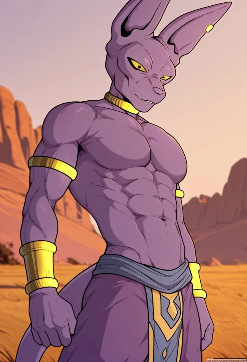 best quality, newest, absurdres, highres, 1boy, solo,Anthro,Beerus,yellow scera,black pupil,purple skin,animal ears,jewelry,Muscular male,outdoors