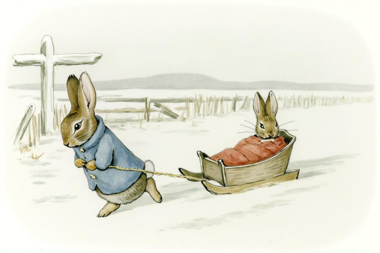 beatrixpotter1 illustration.
Two anthropomorphic rabbits in a winter scene. The rabbit on the left, in a blue coat, pulls a sled. The rabbit on the right sits in the sled, covered with a red blanket. The background shows a snowy landscape with a wooden fence and a structure resembling a signpost. <lora:beatrixpotter1_d8a4:1.0><lora:867021055066166644:0>