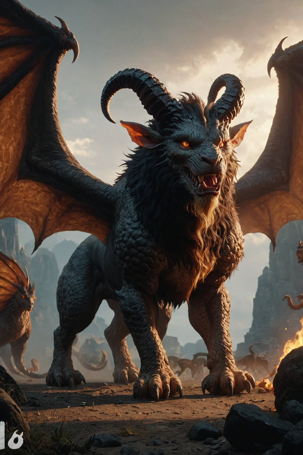 ultra realistic 8k cg, masterpiece, professional artwork, cinematic lighting,  painting of a (Chimera) summoning monsters <lora:Fantasy_Monsters_XL:1>