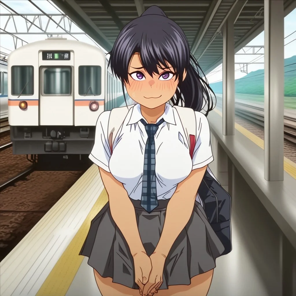 masterpiece,best quality,very aesthetic,absurdres,newest,anime color,solo, 1girl, solo, natsukawa_kyoko, looking at viewer, dark purple hair, ponytail, purple eyes, tanline, tan skin, school uniform, necktie, blue pantie peek, short gray skirt, own hands together, bag, nervous smile, blush, standing, curvy, medium breasts, thighs, thick thighs, outdoors, train platform, simple background, masterpiece, best quality, anime screencap, portrait,