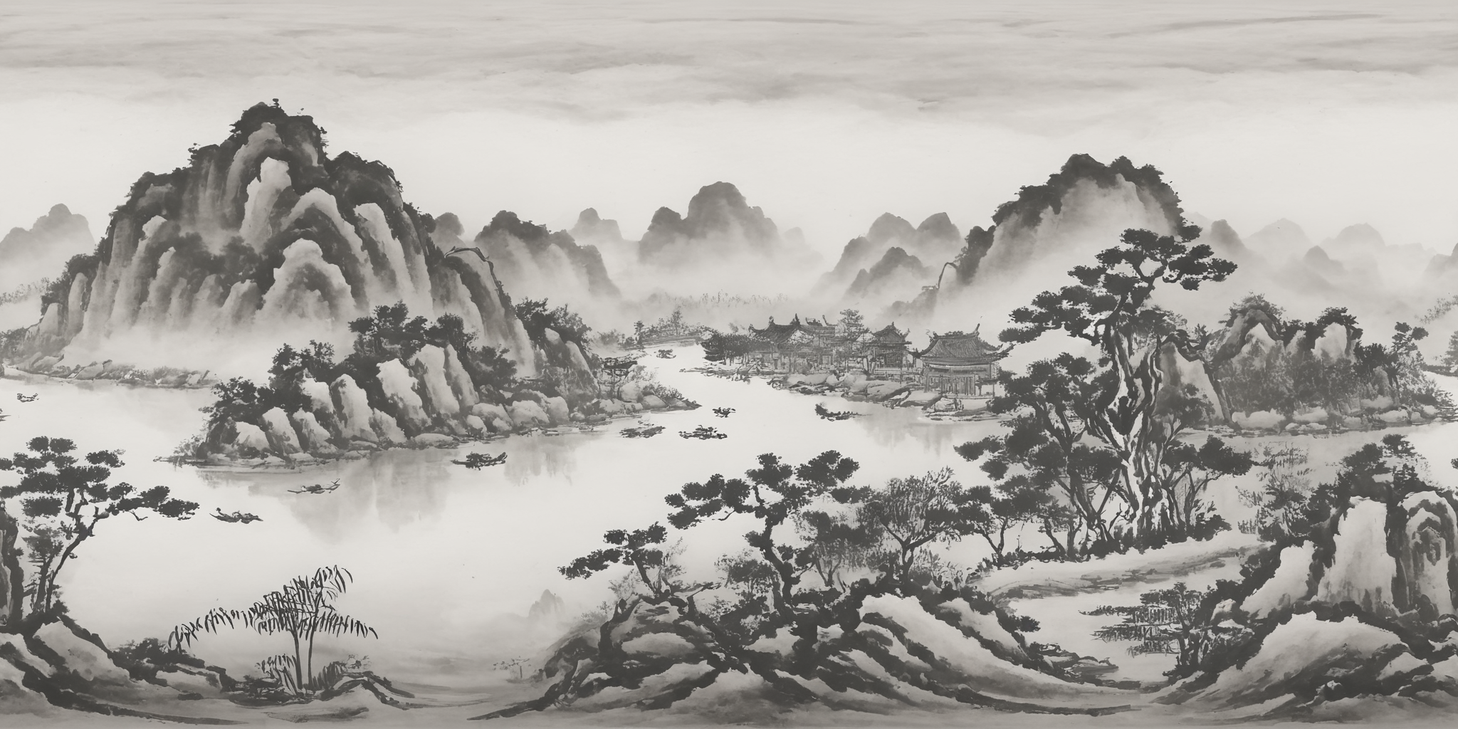 360panorama,<lora:å±±æ°´-000001:1.2>,(sphere panorama:1.5),<lora:HMSG360å¨æ¯XL-V1.0:0.8>,Chinese landscape,ink wash painting,monochrome,spherical panorama,white margins top and bottom,tranquil traditional scenery,serene mountains and rivers,classical pavilions,misty atmosphere,ink on rice paper effect,digital ink,subtle ink gradations,ultra-high resolution,pure natural beauty,ancient charm,360-degree panoramic view,harmonious natural elements,without modern elements,