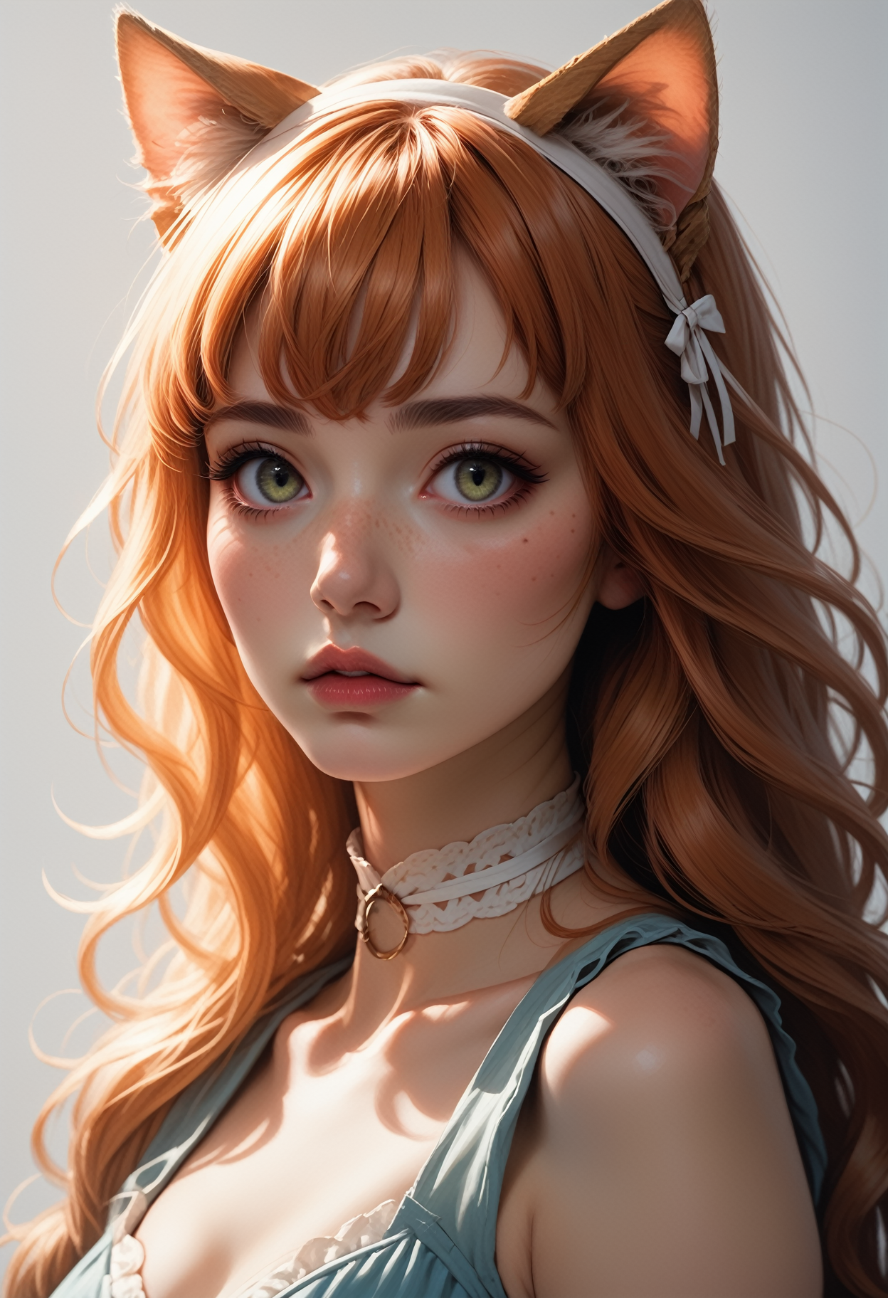 ASCII, photorealistic, OLED, score_9, score_8_up, score_7_up, score_6_up, 1girl, green eyes, soft freckles, copper hair, bangs, strands of hair falling over the face, long hair, cat ears, ((half body, eyes view)), medium breasts, simple grey background  <lora:SnowFoxeij-000006:0.5>, white ribbon choker, looking to viewer, cute face, blue summer dress, cat tail