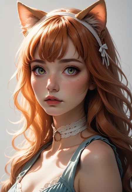 ASCII, photorealistic, OLED, score_9, score_8_up, score_7_up, score_6_up, 1girl, green eyes, soft freckles, copper hair, bangs, strands of hair falling over the face, long hair, cat ears, ((half body, eyes view)), medium breasts, simple grey background <lora:SnowFoxeij-000006:0.5>, white ribbon choker, looking to viewer, cute face, blue summer dress, cat tail