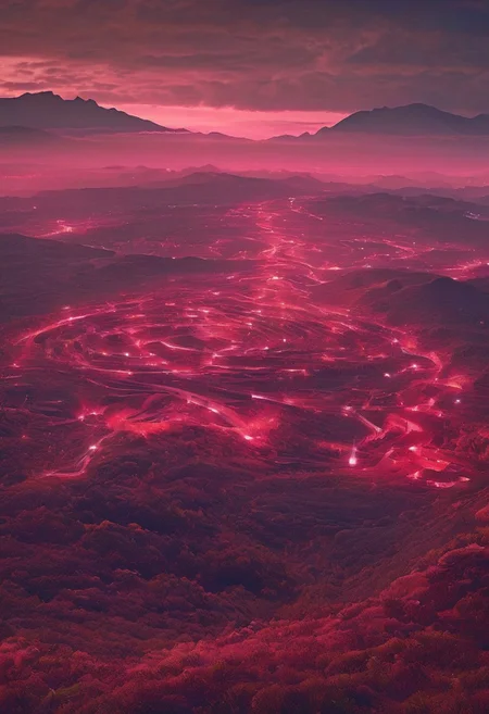 (8k digital nature photography:1.2),
(an idyllic landscape:1.1) with mountains in the distance,
shiny ruby (see-through:1.2), (Sprawling labyrinth:1.2),
<lora:Bio-Luminescence:1> bioluminescent