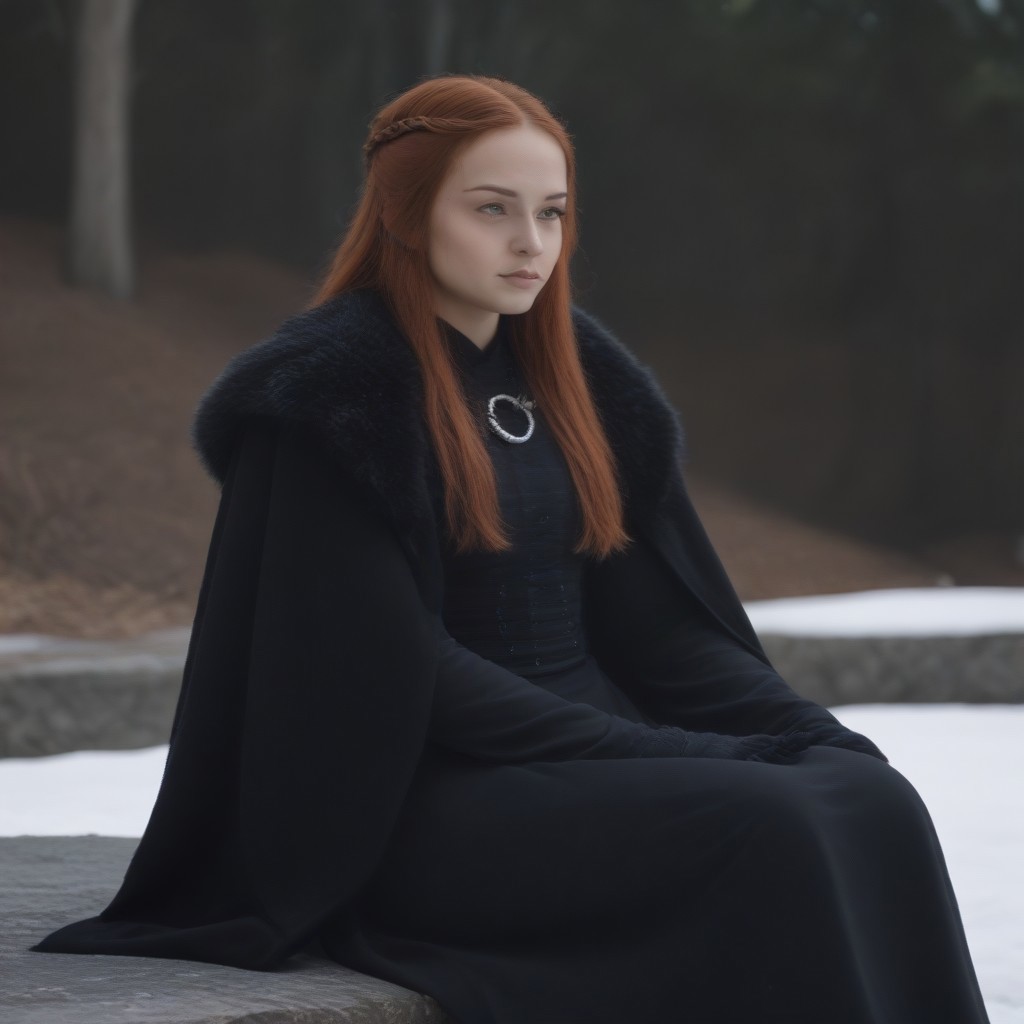 masterpiece, best quality, SansaStark, 1girl, solo, long hair, red hair, blue eyes, black dress, fur trim, cape, sitting on rock, <lora:SansaStark_illustrious_Leaf2:1>, snow, outdoors,
