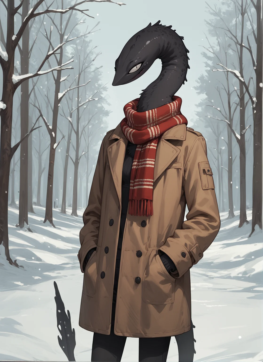 score_9_up, score_8_up, score_7_up, score_6_up,
<lora:Squellac_species_XL_v2:1> squellac, alien, black body, scarf, coat, hands in pockets, long neck, winter, slim, breasts,