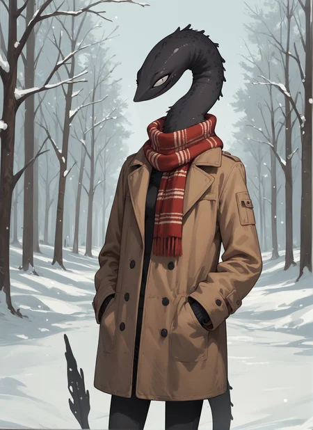 score_9_up, score_8_up, score_7_up, score_6_up,
<lora:Squellac_species_XL_v2:1> squellac, alien, black body, scarf, coat, hands in pockets, long neck, winter, slim, breasts,