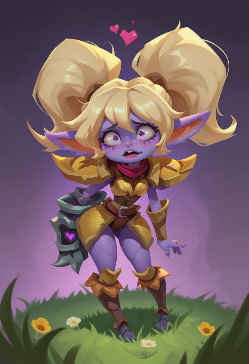Z40Zstyle, painterly,  masterpiece, best quality, solo,                                                                                                                                                              poppy \(league_of_legends\), blonde hair, armor, purple skin, love hearts,  seated on grass,  silly expression, grassy fantasy background