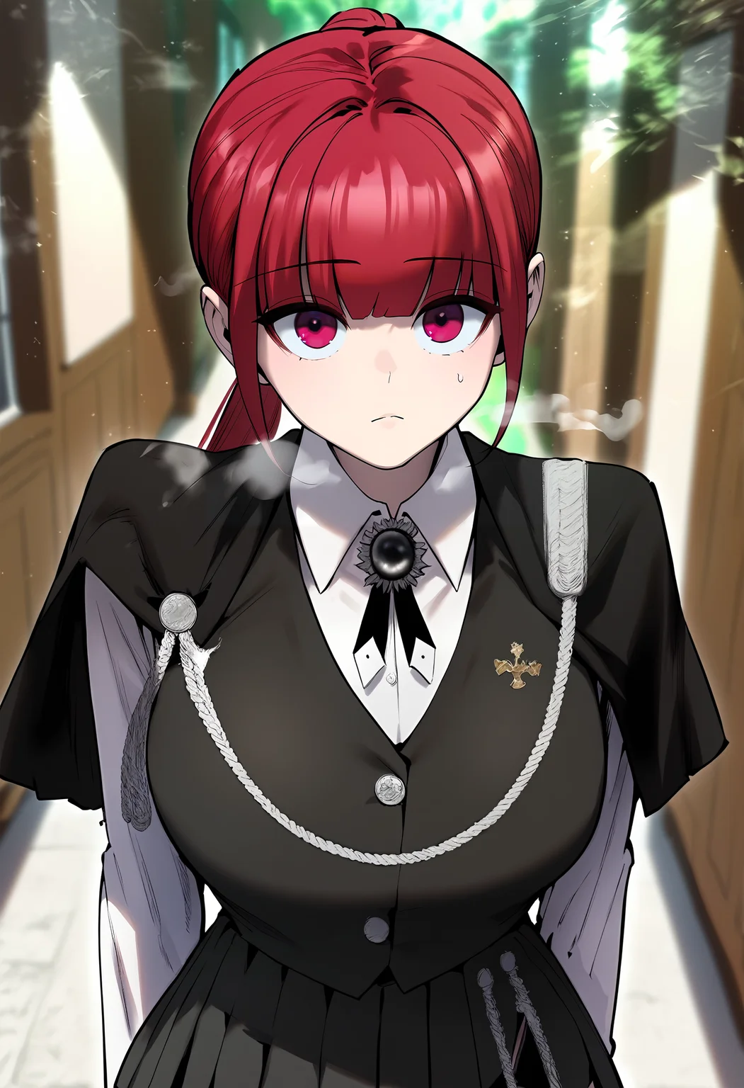 score_9, score_8_up, score_7_up, score_6_up, source_anime, rating_explicit, 1girl, (solo:1.2), huge breasts, <lora:Eraponyxl:1> red hair, ponytail, long hair, red eyes, blunt bangs, pink eyes, black capelet, brooch, black vest, collared shirt, white shirt, long sleeves, black skirt, pleated skirt, expressionless, Narrow shoulders, heavy breathing, steaming body, hallway, forest, outdoors, looking at viewer, close-up, standing