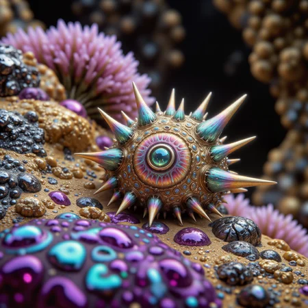highly detailed, intricate, detailed background, famous artwork inspired by (jean-francois millet:1.2) and (jae cheol park:1.2) and (gerald brom:1.2), (fractal art:1.1), in the hinkleburging intertidal zones of the vast oceans on planet "thisoneismine quartus", a diminutive, spiky-shelled life form with (colorful jewel-like iridescence:1.6), the "dynamic mobglop", explores the otherworldly tide pools, hunting for pizzled zibberzoom, golden ratio, trippy lalaland, aidmamj6.1,  
<lora:style-trippy_lalaland-flux-by_ethanar:0.72>
<lora:midjourney_61-v0.4-flux-by_aidma:0.68> 
<lora:epic_gorgeous_details-balance-flux-by_flyway:0.6>