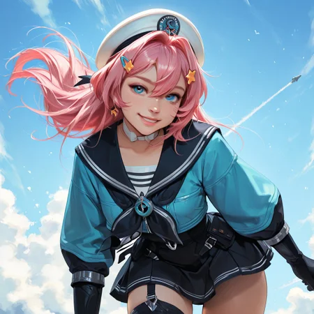 Portrait shot, close up, Expressiveh,
score_9, score_8_up, score_7_up, realistic, 1girl,
zzNase, blue eyes, pink hair, long hair, hair between eyes, star hair ornament, hairclip, white headwear, beret, sailor collar, boots, gloves, black skirt, blue jacket, single thighhigh, asymmetrical legwear,
open jacket,
gold Accessoires, standing, medium breasts, ((sexy Pose)) naughty smile, looking at viewer, fit body, tiny waist, wide hips,