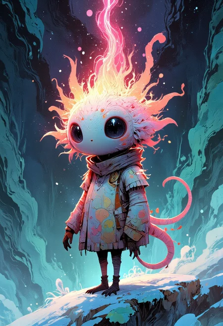 Radiant, big-eyed creature with intricate feathers amidst a prismatic ice cave, snowing pastel hues. Vibrant light refracts throughout, casting kaleidoscopic colors on swirling fractal formations