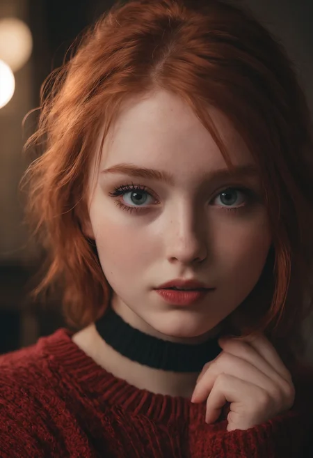 raw photo, (18yo redhead girl:1.2), makeup, graphic eyeliner, rouge, (choker:0.9), realistic skin texture, oversize knit sweater, (red:0.8), softcore, warm lighting, cosy atmosphere, instagram style, high quality dslr snapshot, high definition film grain photo taken at f/16, ISO 100, with a 200mm lens, global illumination, fibonacci