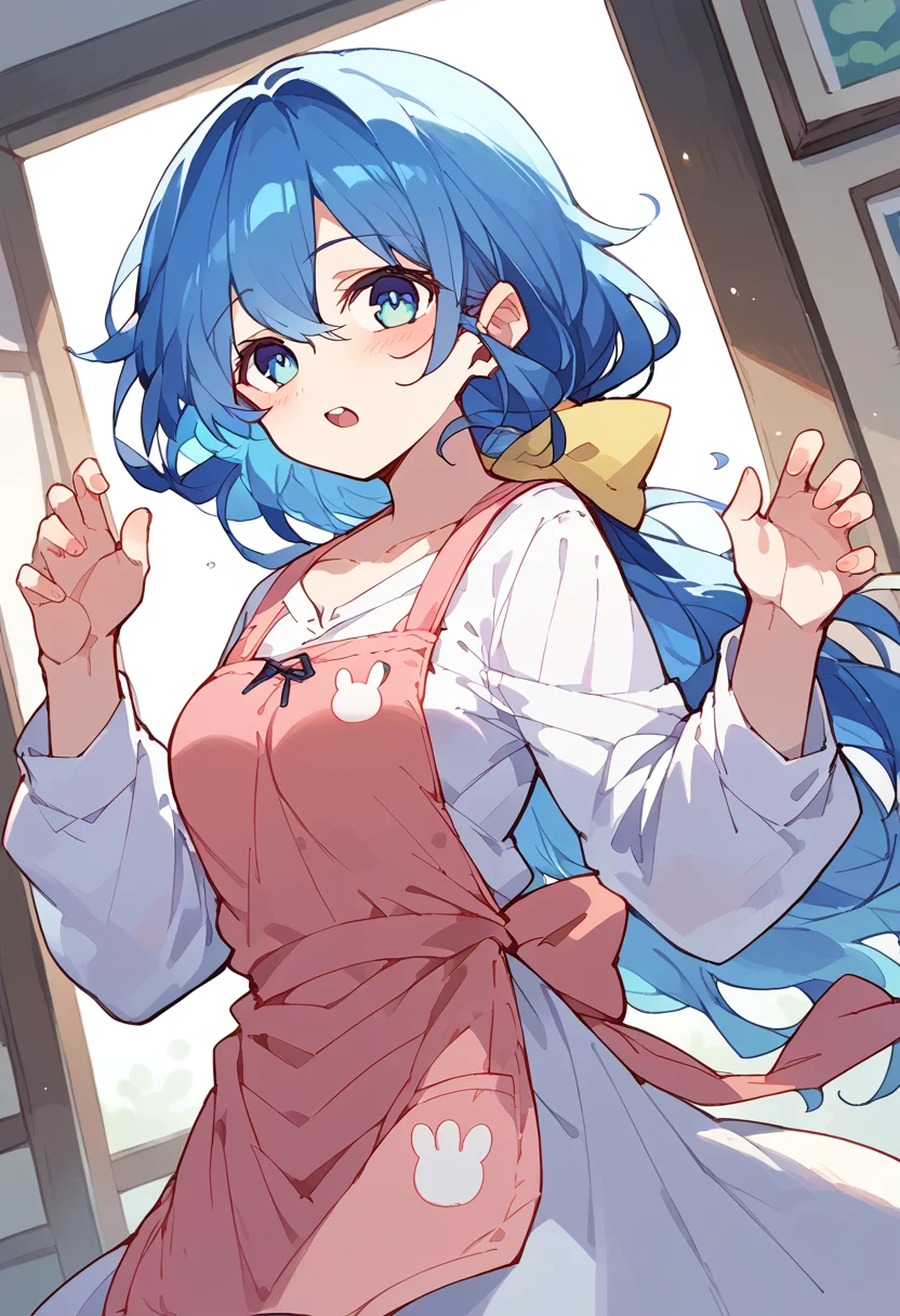 score_9,score_8_up,score_7_up,source_anime,zPDXL3,solo focus,
*//*,<lora:YoshinoHimekawaH_v1.0:0.9>,H_yoshi0n,blue hair,long hair,low ponytail,blue eyes,medium breasts,yellow ribbon,(pink apron:1.2),white sweater,
*//*,looking at viewer,cowboy shot,dutch angle,dynamic pose,