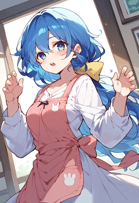 score_9,score_8_up,score_7_up,source_anime,zPDXL3,solo focus,
*//*,<lora:YoshinoHimekawaH_v1.0:0.9>,H_yoshi0n,blue hair,long hair,low ponytail,blue eyes,medium breasts,yellow ribbon,(pink apron:1.2),white sweater,
*//*,looking at viewer,cowboy shot,dutch angle,dynamic pose,
