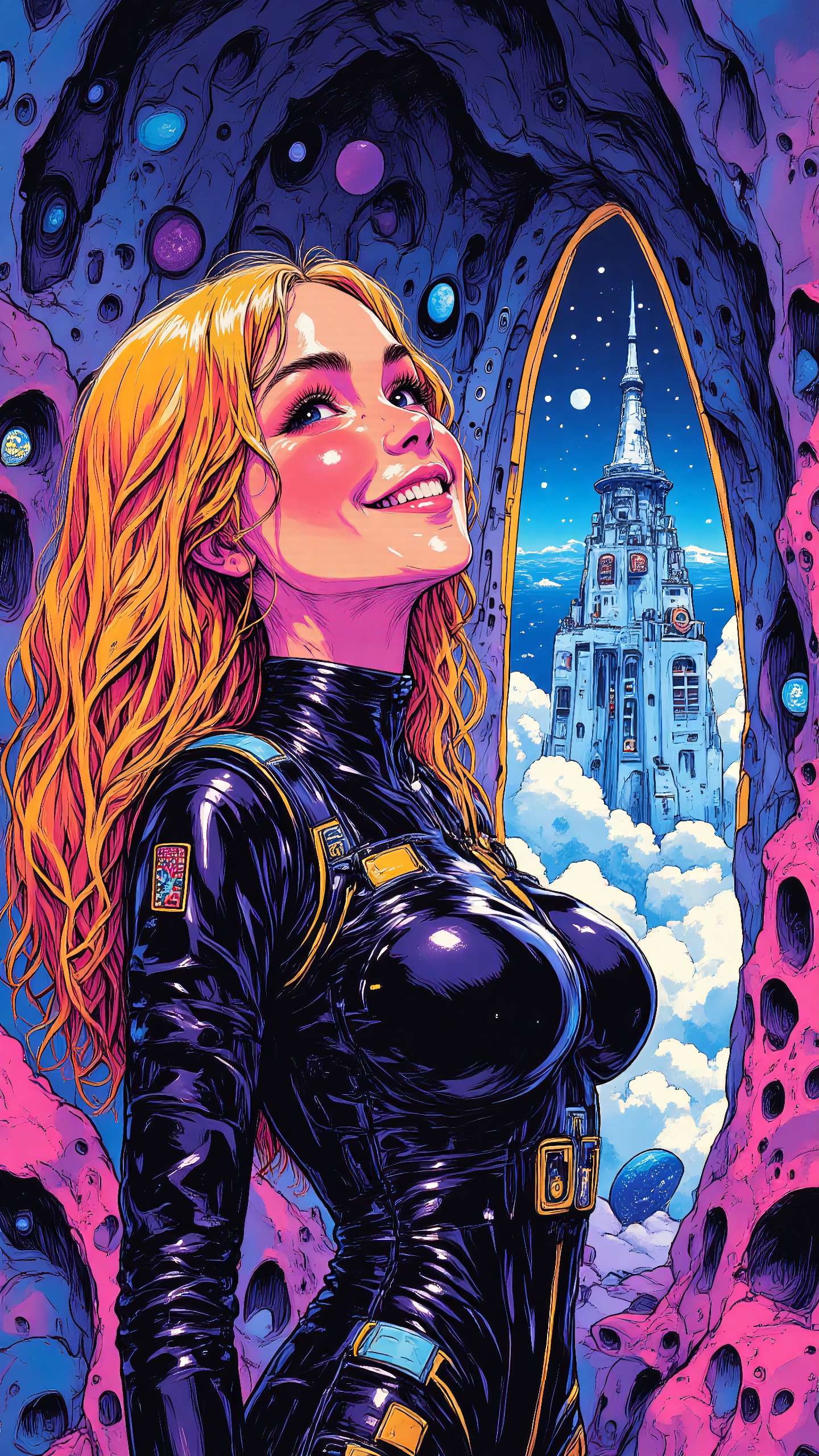 nime-style illustration of a joyful young woman with big, wavy blonde hair, captured in a side view as she leans forward eagerly. Her expression is bright and full of excitement, eyes wide with wonder. She wears a sleek sci-fi-inspired bodysuit with glowing seams, reflecting the neon-lit environment around her. Behind her, a long, narrow window slit reveals a vast cosmic cityscape, stars and distant planets shining beyond. Expressionist styleâbold, exaggerated brushstrokes, dynamic composition, high-energy movement. Colored pencil textureârich, layered hues, expressive shading, hand-drawn vibrancy, blending sketch-like energy with sci-fi surrealism <lora:ck-shadow-circuit-000021:0.8> <lora:flux-sm41l33-comic-v1:0.8> <lora:aidmaMJ6.1-FLUX-v0.5:0.6>