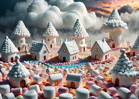 <lora:MarshmallowStyle-000007:0.6> village made out of  jed-mrshmlw, clouds, fog, mystical