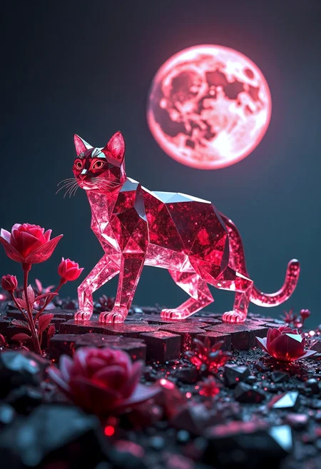 nv_gemtech, photo of a cat sculpture made from a cloudy crystal, walking on top of a fluorite wall next to crystalline red-pink calcite roses, ominous red-pink glow from within, night with a red-pink full moon, wireframe, facets, low poly, crystal world. <lora:flux_Navi_GemTech_Flux_S1-e11>