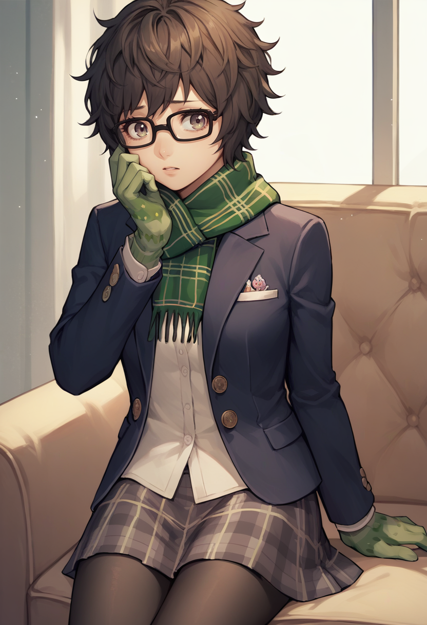 score_9, score_8_up, score_7_up, source_anime,  1girl, thigh up, parted lips, worried, hand to cheek, <lora:zs_MiyazuXL:1> miyazusmtv, short hair, messy hair, glasses, scarf, blazer, shirt, plaid skirt, black pantyhose, green gloves, indoors