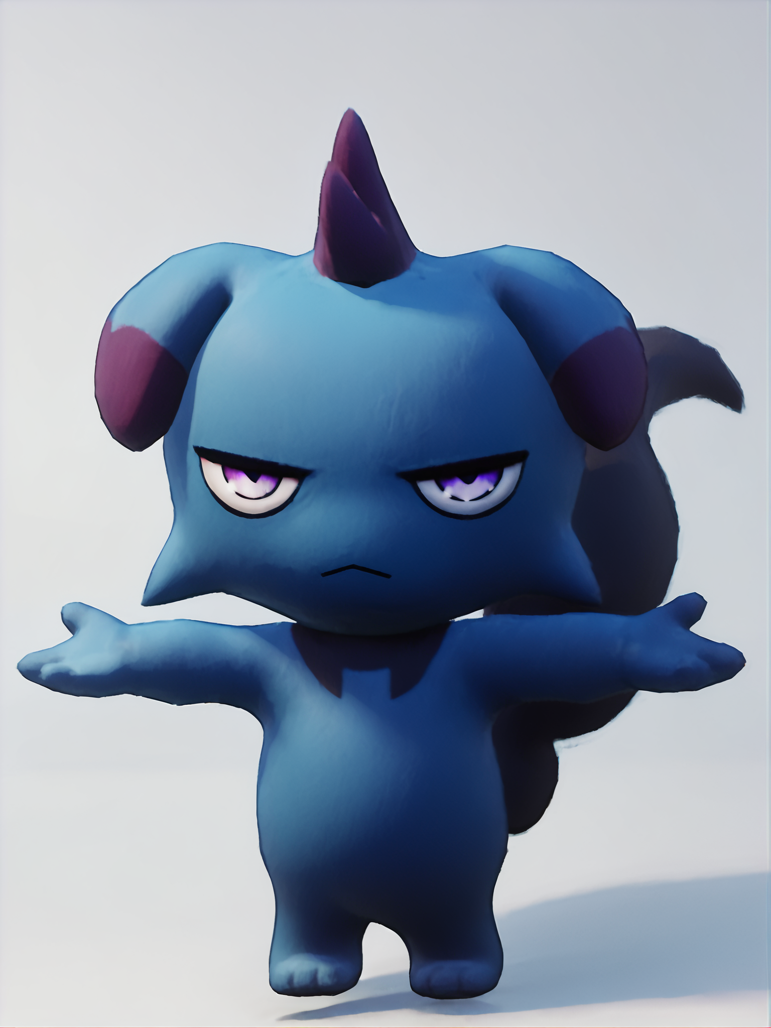 score_9, score_8_up, score_7_up, score_6_up, score_5_up, score_4_up, 3d, simple background, white background, full body BREAK
<lora:Depresso_PDXL_v21-000010:1> depresso, blue body, purple hair, purple eyes, black tail, looking at viewer, standing, spread arms