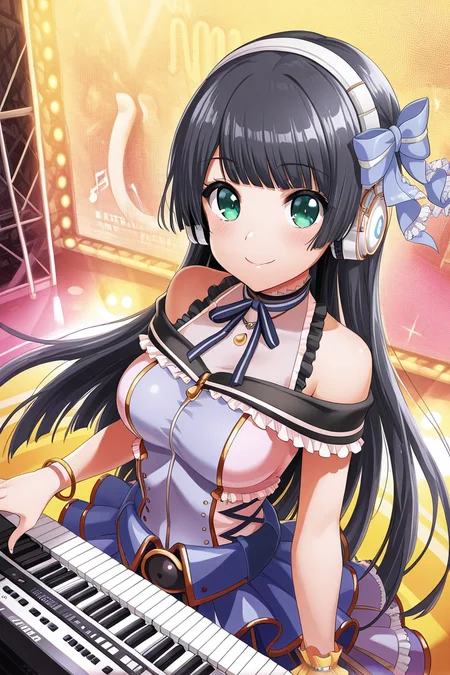 masterpiece, best quality, amazing quality,
<lora:Rei_IL:1> rei, 1girl, long hair, green eyes, solo, instrument, black hair, keyboard (instrument), smile, looking at viewer, smile, headphones, bow, jewelry, ribbon, bracelet, bangs, stage outfit