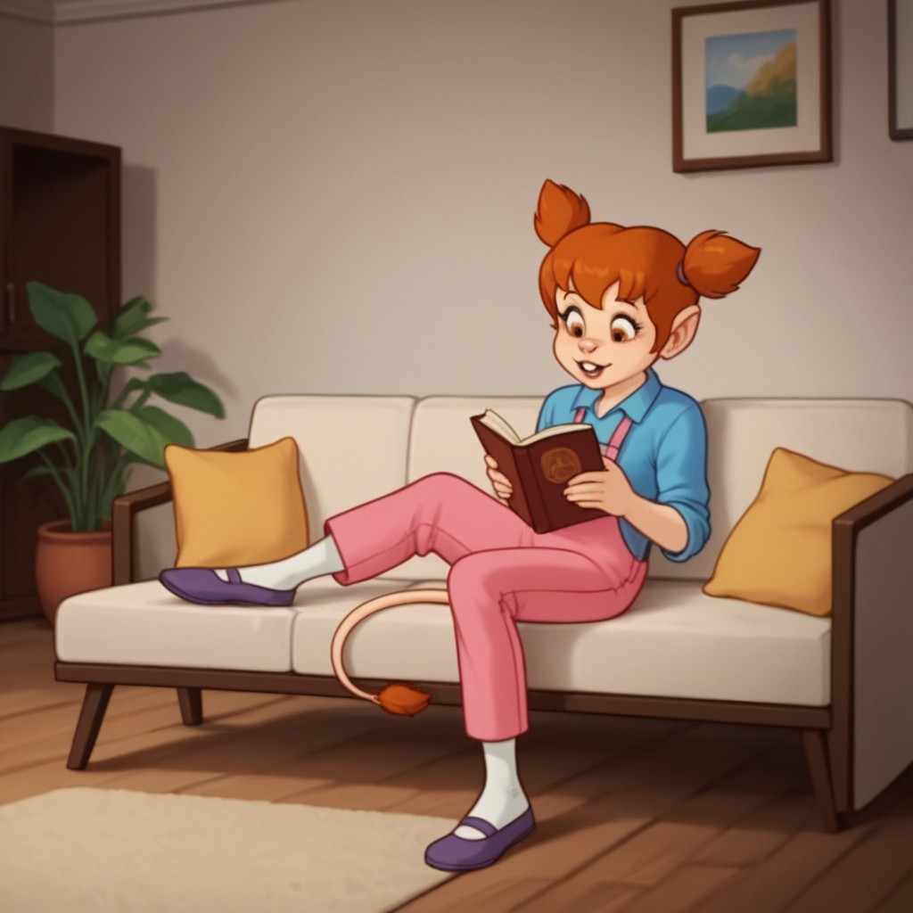 score_9, score_8_up, score_7_up, score_6_up, score_5_up, score_4_up, source_furry,  lucytl, female, red hair, mouse tail, tail tuft, buck teeth, mouse ears, short twintails, living room, pink overalls, blue shirt, shoes, socks, sitting, on couch, reading book