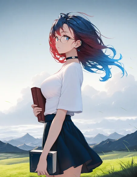 1girl, masterpiece, cowboy shot, from side, solo, blue hair, glasses, earring, choker, earclip, blue eyes, sideways glance, sky, grass, mountainous horizon, holding book, wind, scenery, gradient hair, red hair, breasts, cloudy sky, skirt, choker,