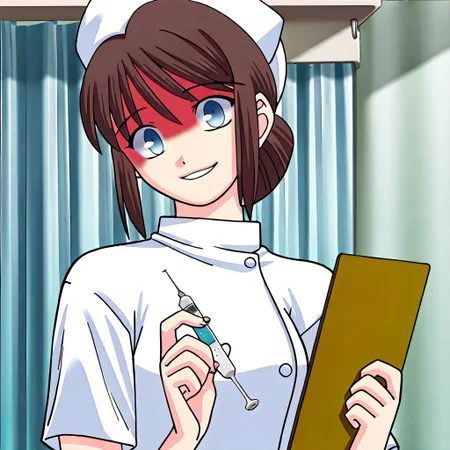 masterpiece, best quality, hospital room, blood splatters, blood smears, holding, holding needle, injection needle, looking at viewer, head tilt, <lora:Tsukihime NXL:1>1girl,shirakawa_miho,blue eyes,brown hair,single hair bun,medium breasts,nurse,holding clipboard, nurse_cap ,scary smile, glassy eyed smile, cheerful smile, bubbly pose, <lora:shirakawa_miho-illus:0.9>,solo