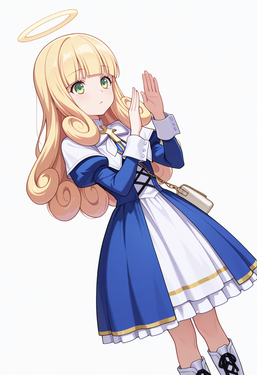 Smooth Quality,masterpiece,very intricate, high quality details, ultra realistic, high detailed skin,detailed enviorement,absurdres,
vulcan salute,
 <lora:Poporon_CNR:0.8> poporon_cnr, 1girl, blonde hair, long hair,blunt bangs, green eyes, poporon_cnr_def, blue dress, long sleeves, puffy sleeves,cross,handbag, knee boots, halo,curly hair,, doyagao,, simple background, white background, dutch angle,solo,