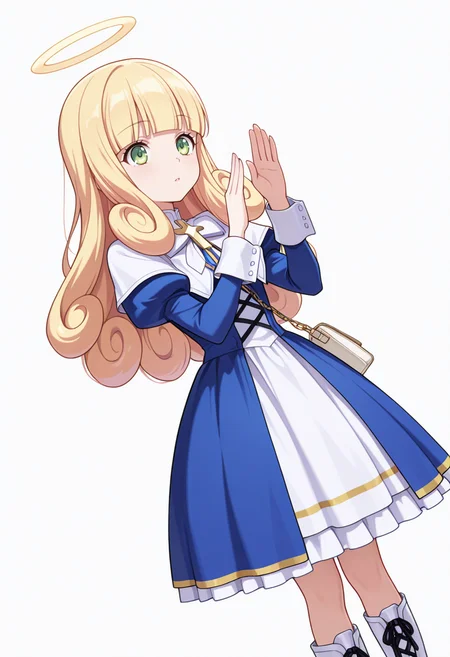 Smooth Quality,masterpiece,very intricate, high quality details, ultra realistic, high detailed skin,detailed enviorement,absurdres,
vulcan salute,
<lora:Poporon_CNR:0.8> poporon_cnr, 1girl, blonde hair, long hair,blunt bangs, green eyes, poporon_cnr_def, blue dress, long sleeves, puffy sleeves,cross,handbag, knee boots, halo,curly hair,, doyagao,, simple background, white background, dutch angle,solo,